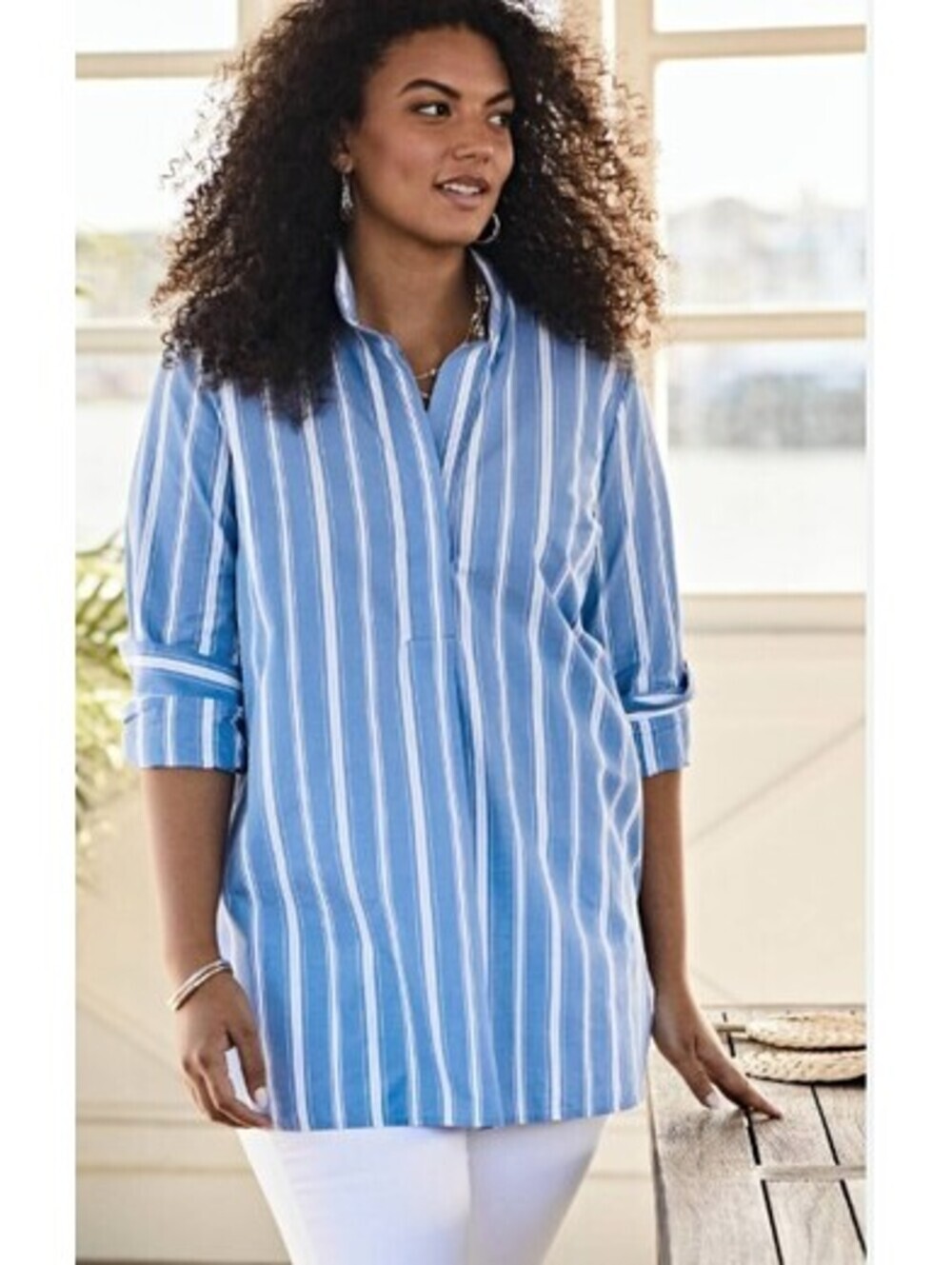 J.Jill Women's XL Blue White Striped 100% Cotton Popover Tunic Long Sleeve